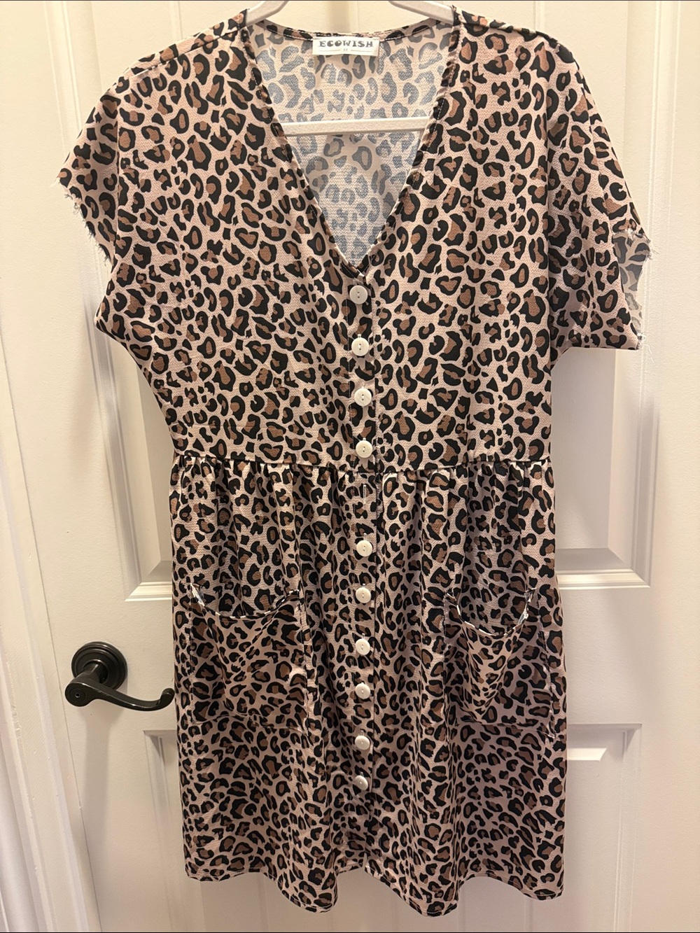 Ecowish Leopard Print Button-Front Women’s Dress - Beige/Black (M)